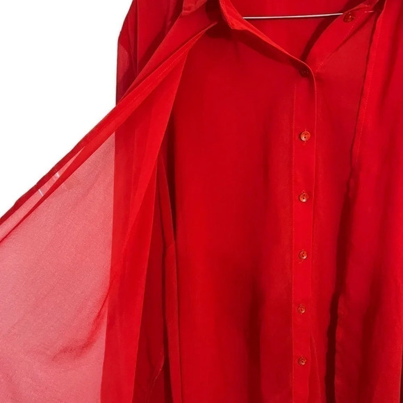 Fashion to Figure Red Chiffon Blouse 3X Hi Low Long Sleeves Sheer Slit Backside - Picture 8 of 9